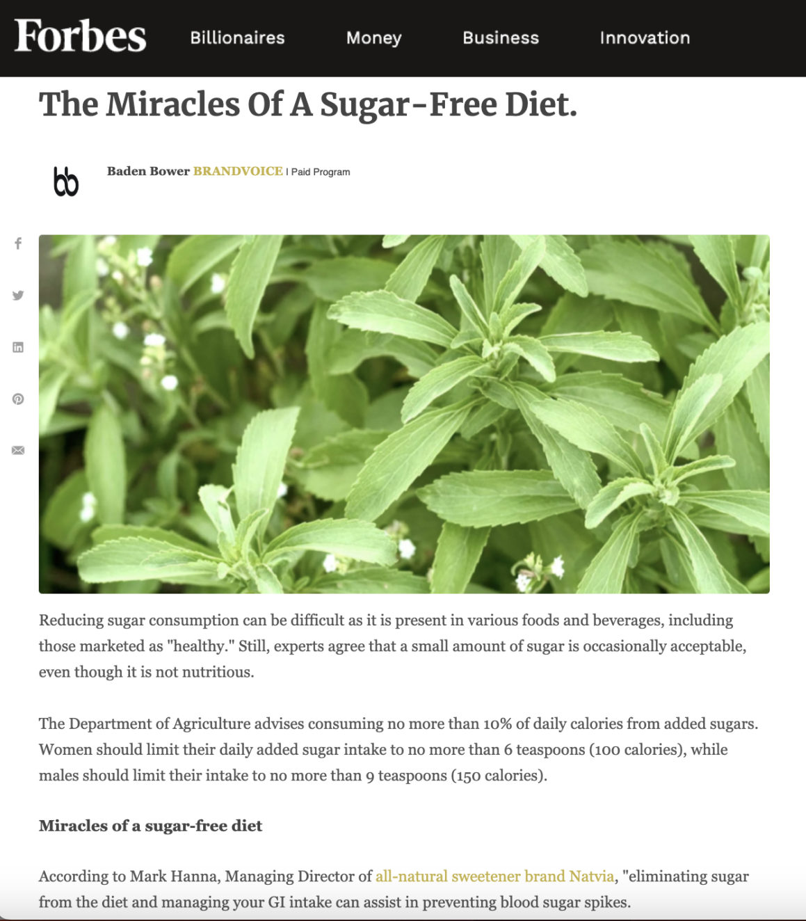 Forbes Miracles Of Sugar Free Diet Natvia