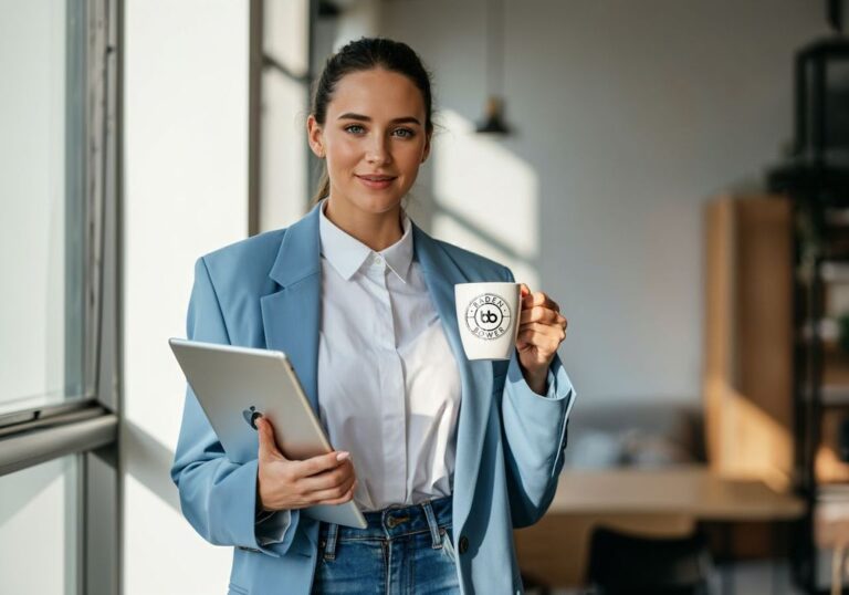Stylish professional in a light blue blazer holding a tablet and Baden Bower mug, illustrating a media-ready image for EB-1A publicity.