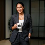 woman in black blazer holding a mug with baden bower logo.