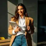 Woman in a camel blazer holding a tablet and branded mug in a sunlit modern office, smiling with confident editorial poise.