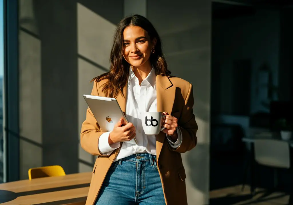 Woman in a camel blazer holding a tablet and branded mug in a sunlit modern office, smiling with confident editorial poise, get featured in Forbes.