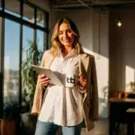 Woman in a beige blazer smiling while holding a tablet and branded mug in a sunlit workspace filled with plants.