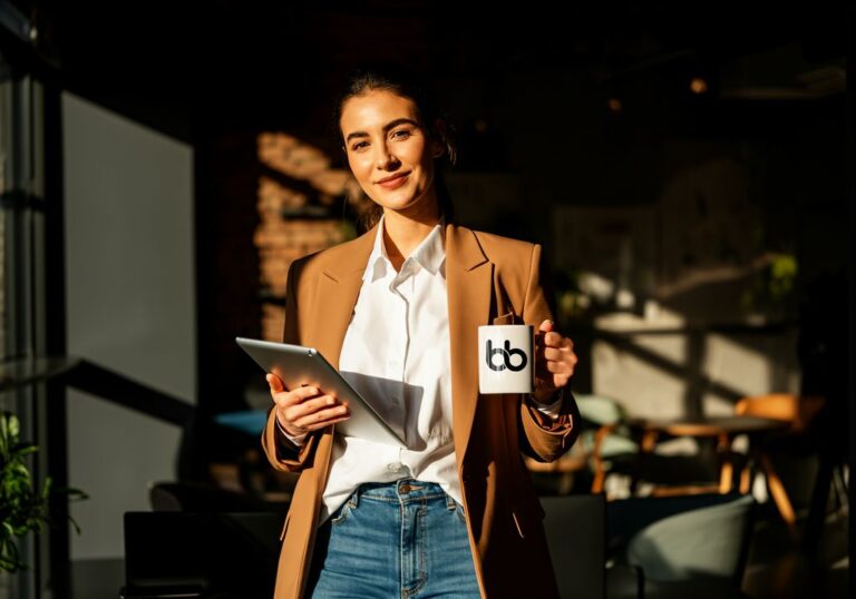 Professional in a camel blazer and white shirt holding a tablet and branded mug in dramatic sunlight, confidently ready for a presentation.